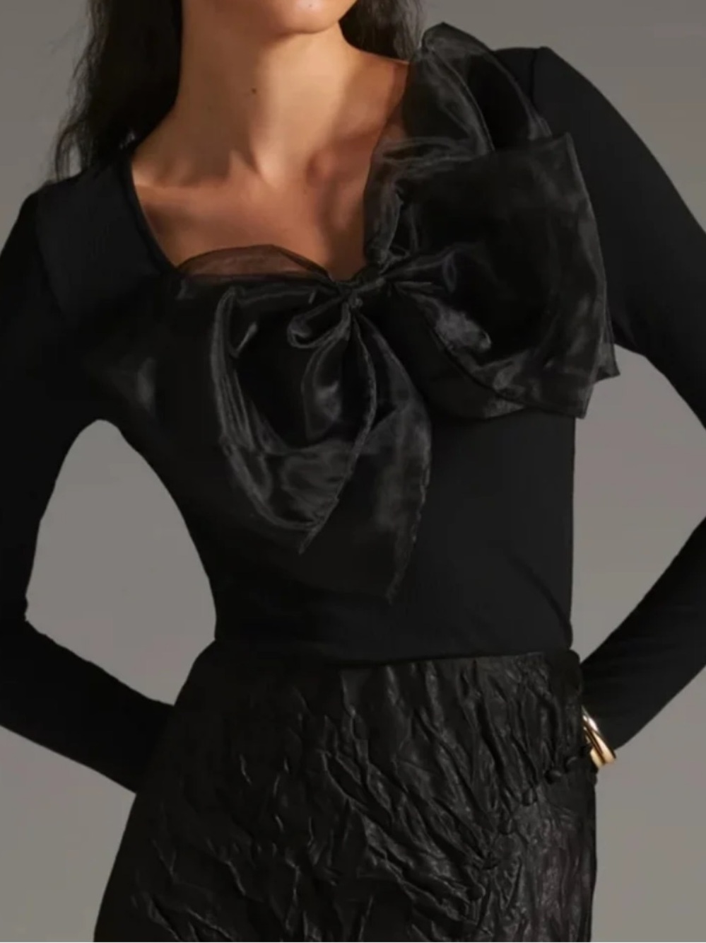 Anthropologie Sunday in Brooklyn Black Long-Sleeve Bow Top Size S